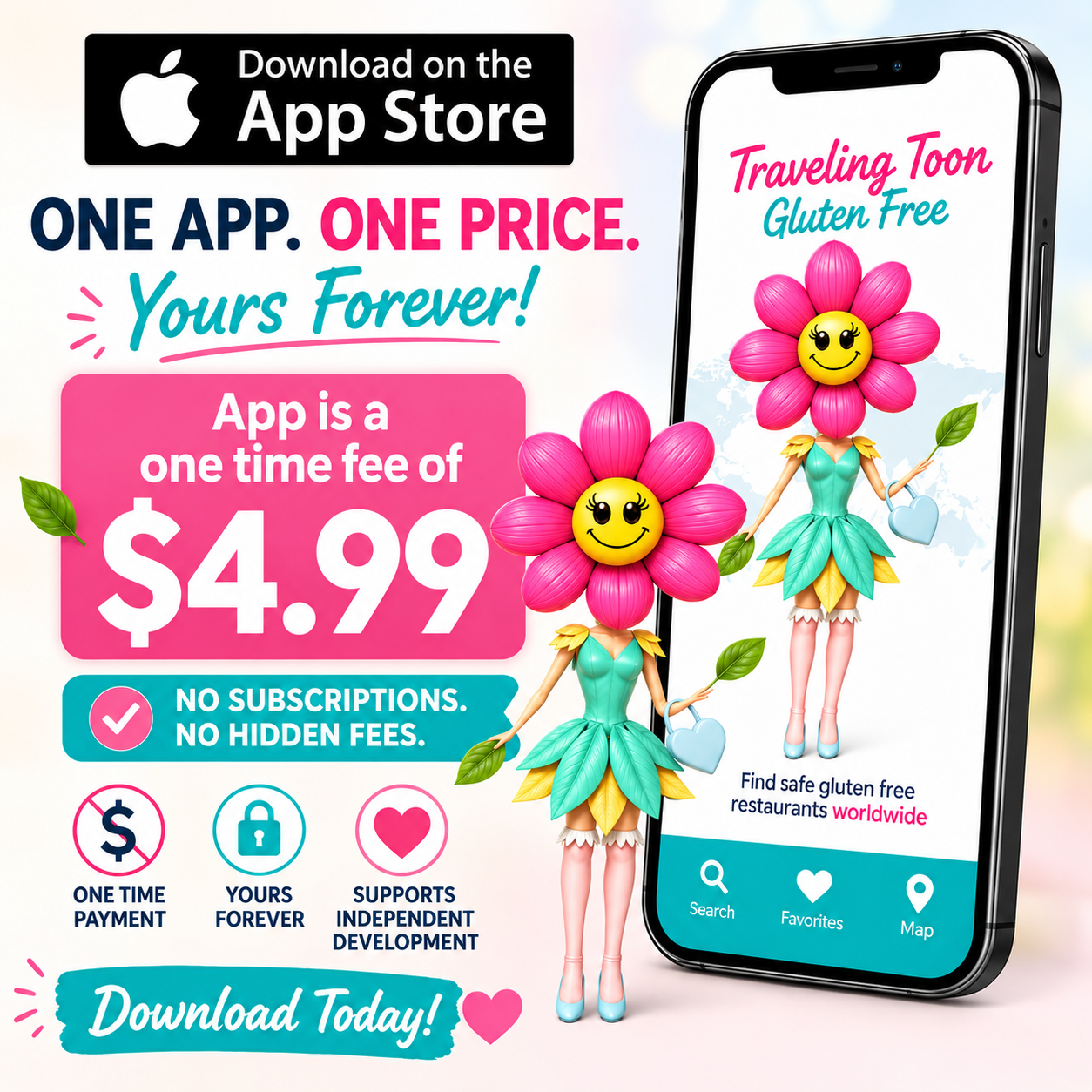 App Store promotional graphic for Traveling Toon Gluten Free app.